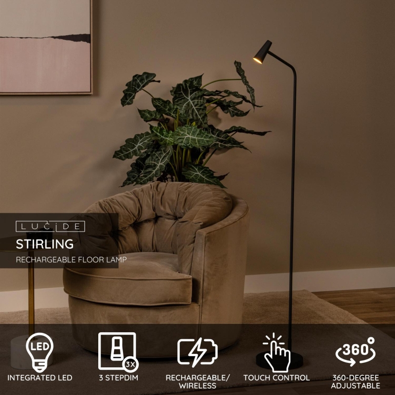 Lucide STIRLING - Nabíjacia stojaca lampa - Batéria - LED Dim. - 1x3W 2700K - 3 StepDim - Čierny